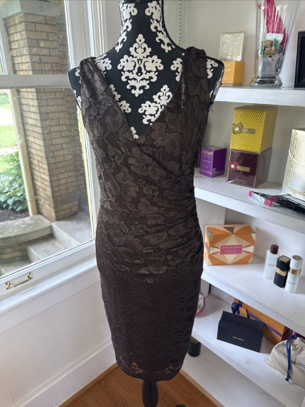 Lauren Ralph Lauren Dress Women 6 Brown Gold Floral Sleeveless Pencil Straight